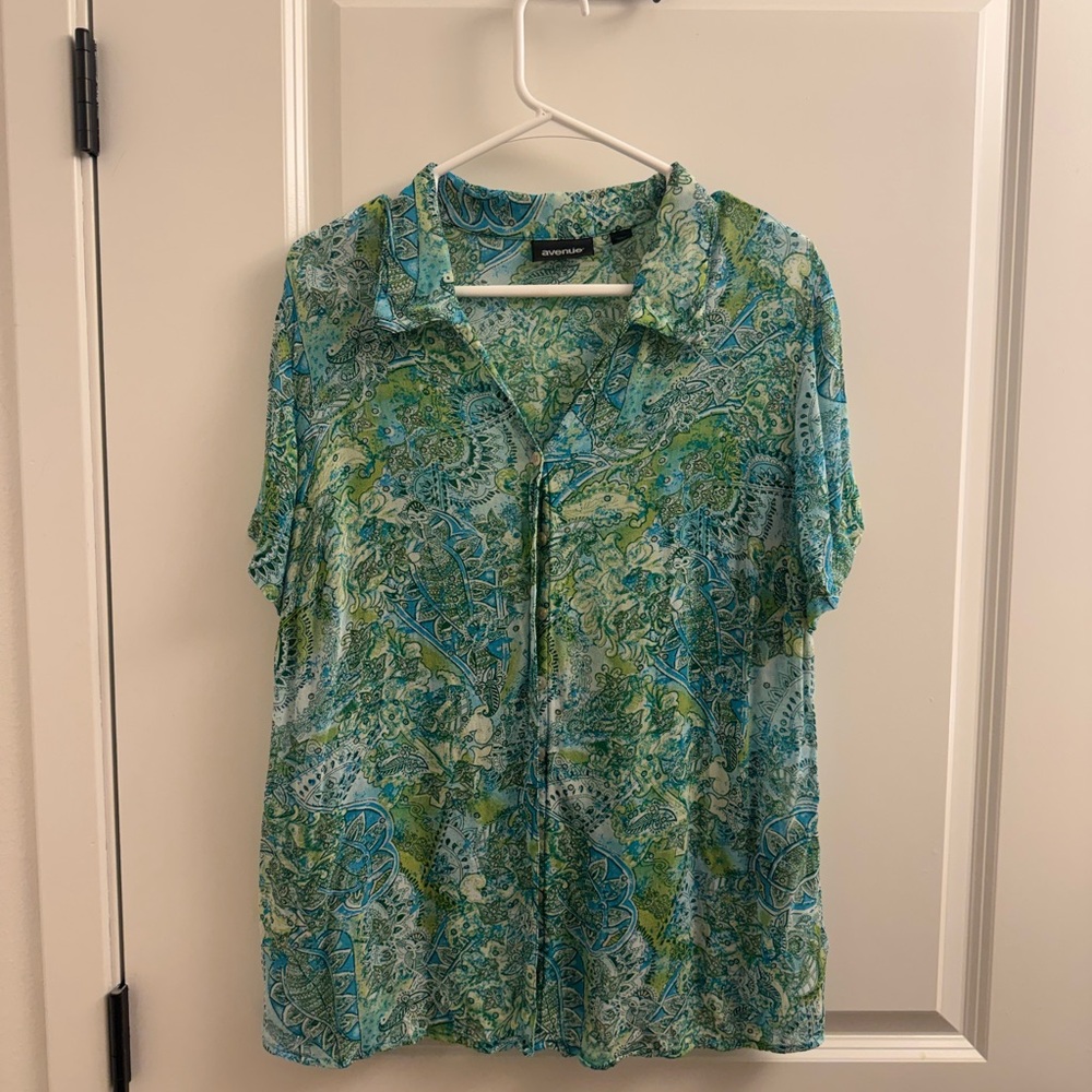 Avenue Women's Green Blue Paisley Short-Sleeve Blouse Y2K Sheer Beaded Details